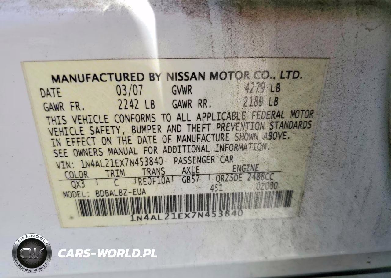 2007 Nissan Altima 2.5 VIN:1N4AL21EX7N453840 - 12