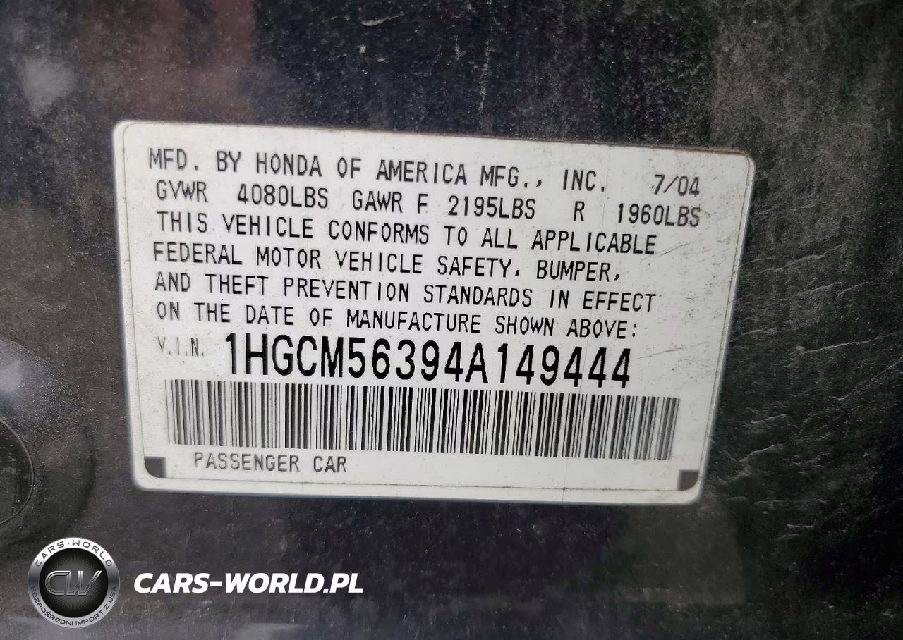 2004 Honda Accord Lx VIN:1HGCM56394A149444 - 12