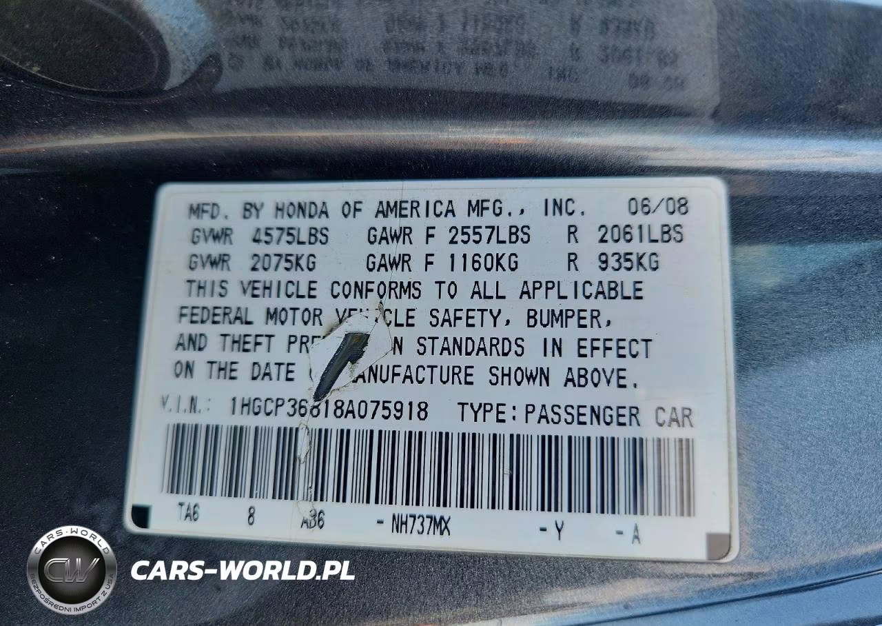 2008 Honda Accord Exl VIN:1HGCP36818A075918 - 12