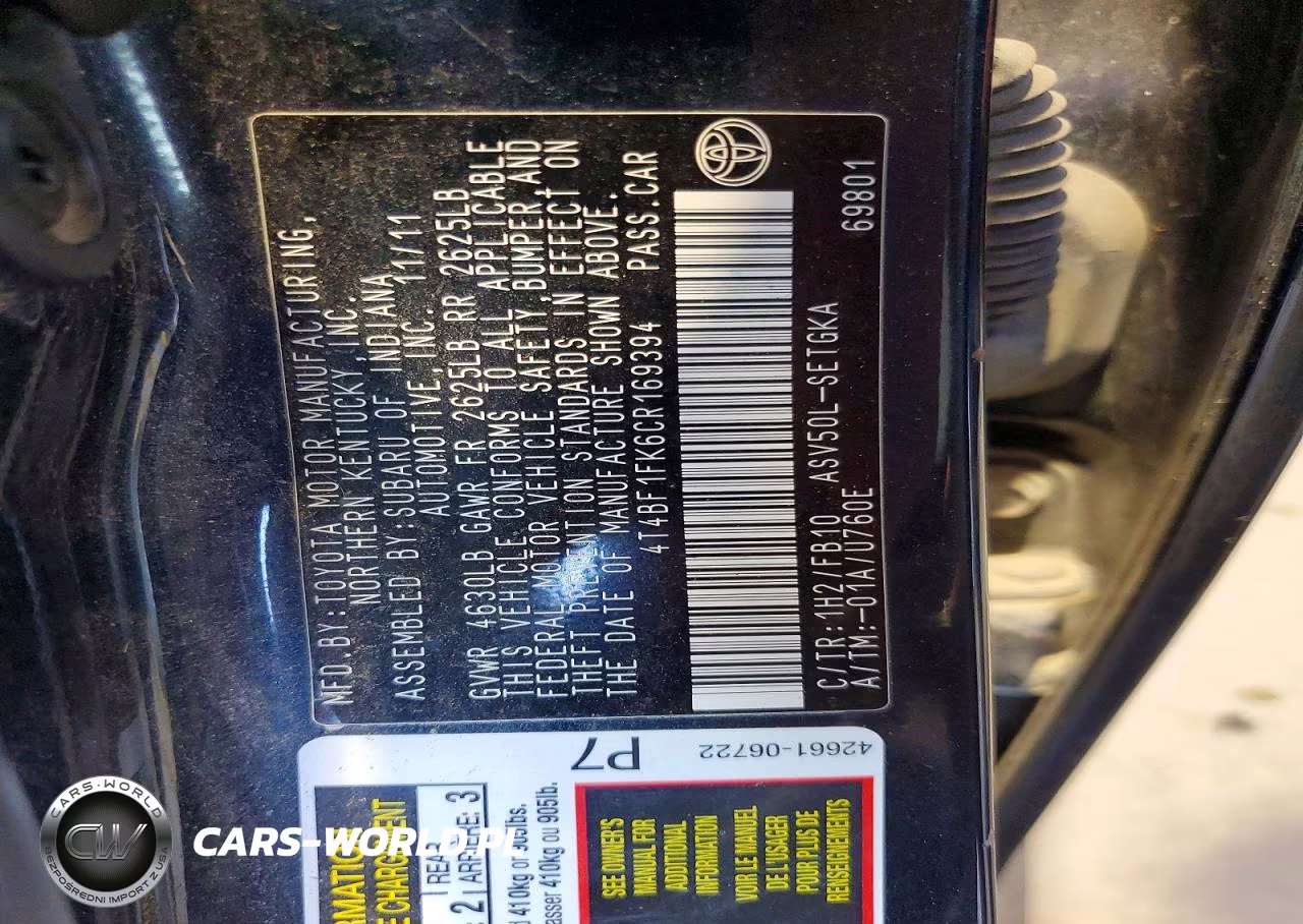2012 Toyota Camry Xle VIN:4T4BF1FK6CR169394 - 12