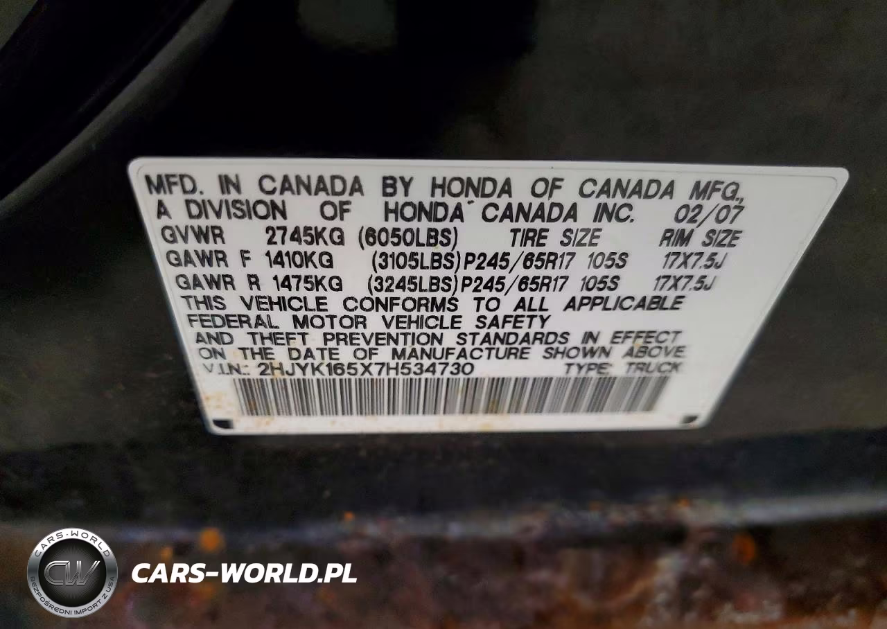 2007 Honda Ridgeline Rtl VIN:2HJYK165X7H534730 - 12