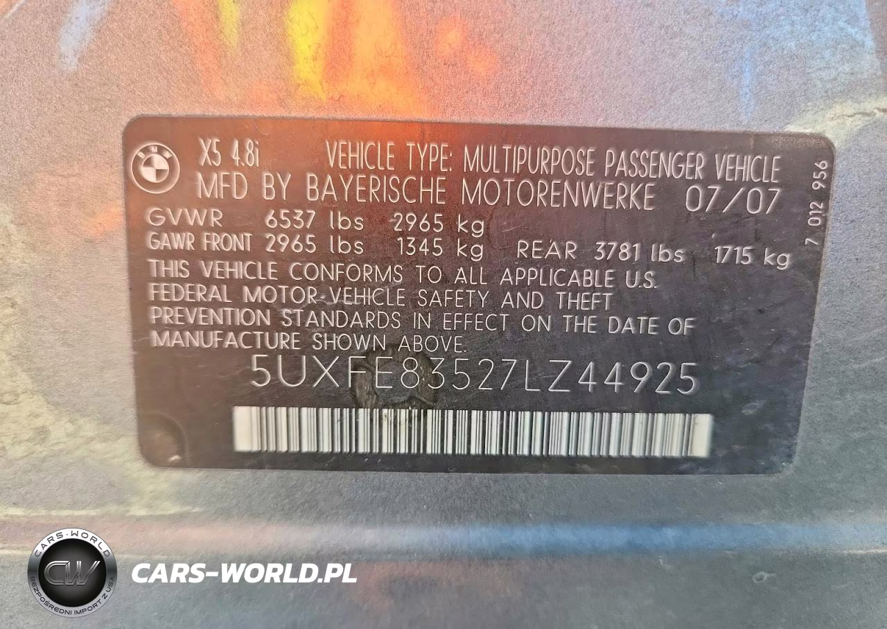 2007 BMW X5 4.8I VIN:5UXFE83527LZ44925 - 13