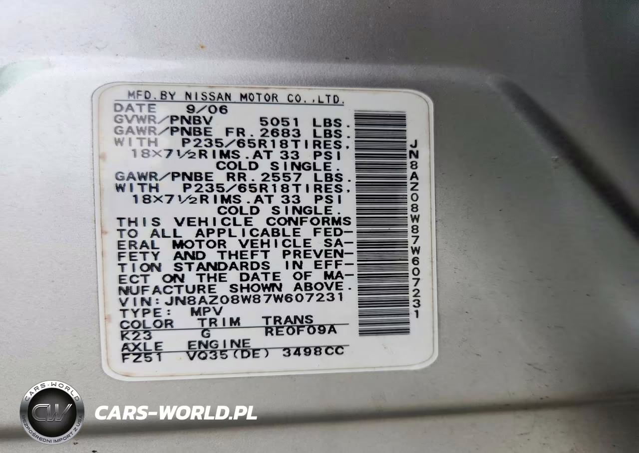 2007 Nissan Murano S VIN:JN8AZ08W87W607231 - 13