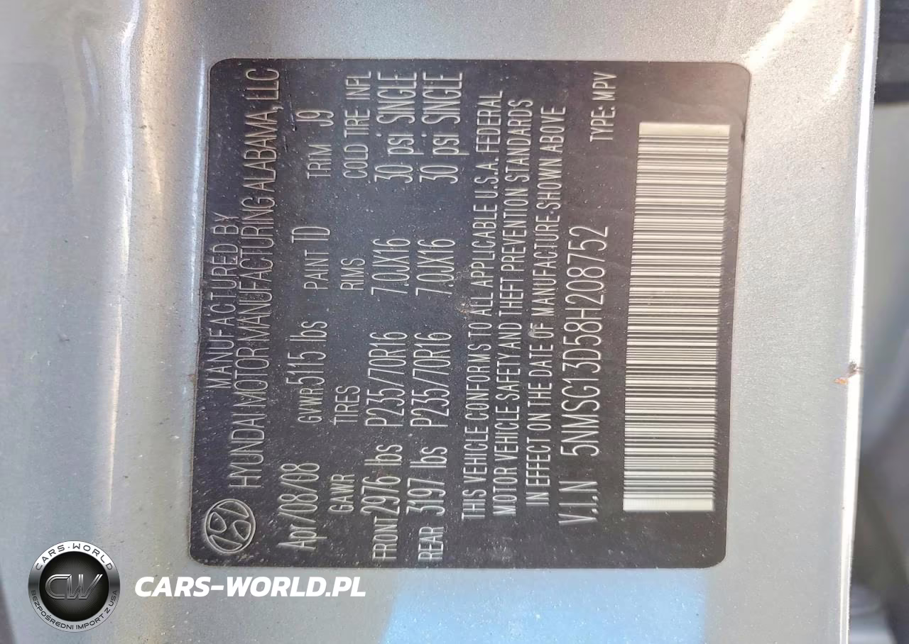 2008 Hyundai Santa Fe Gls VIN:5NMSG13D58H208752 - 13