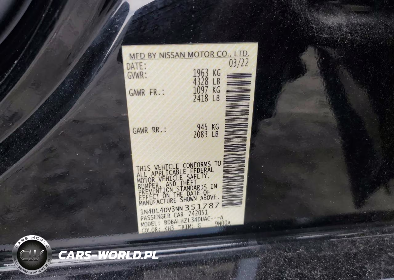 2022 Nissan Altima Sv VIN:1N4BL4DV3NN351787 - 12