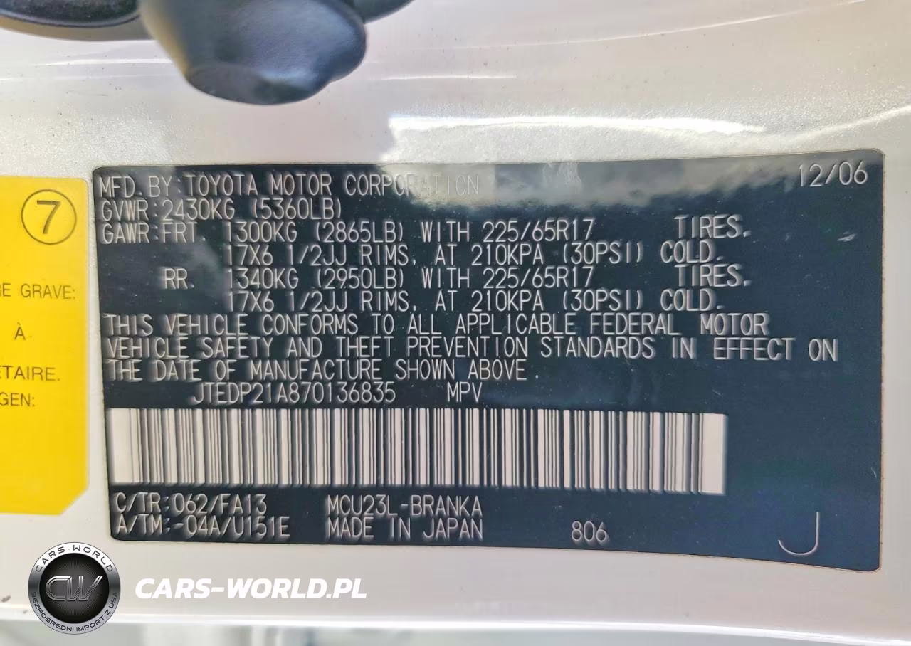 2007 Toyota Highlander Sport VIN:JTEDP21A870136835 - 13