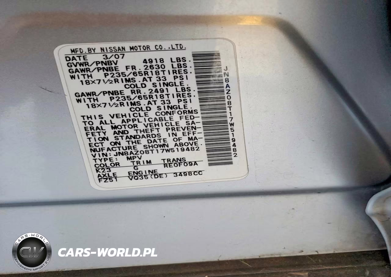 2007 Nissan Murano S VIN:JN8AZ08T17W519482 - 13