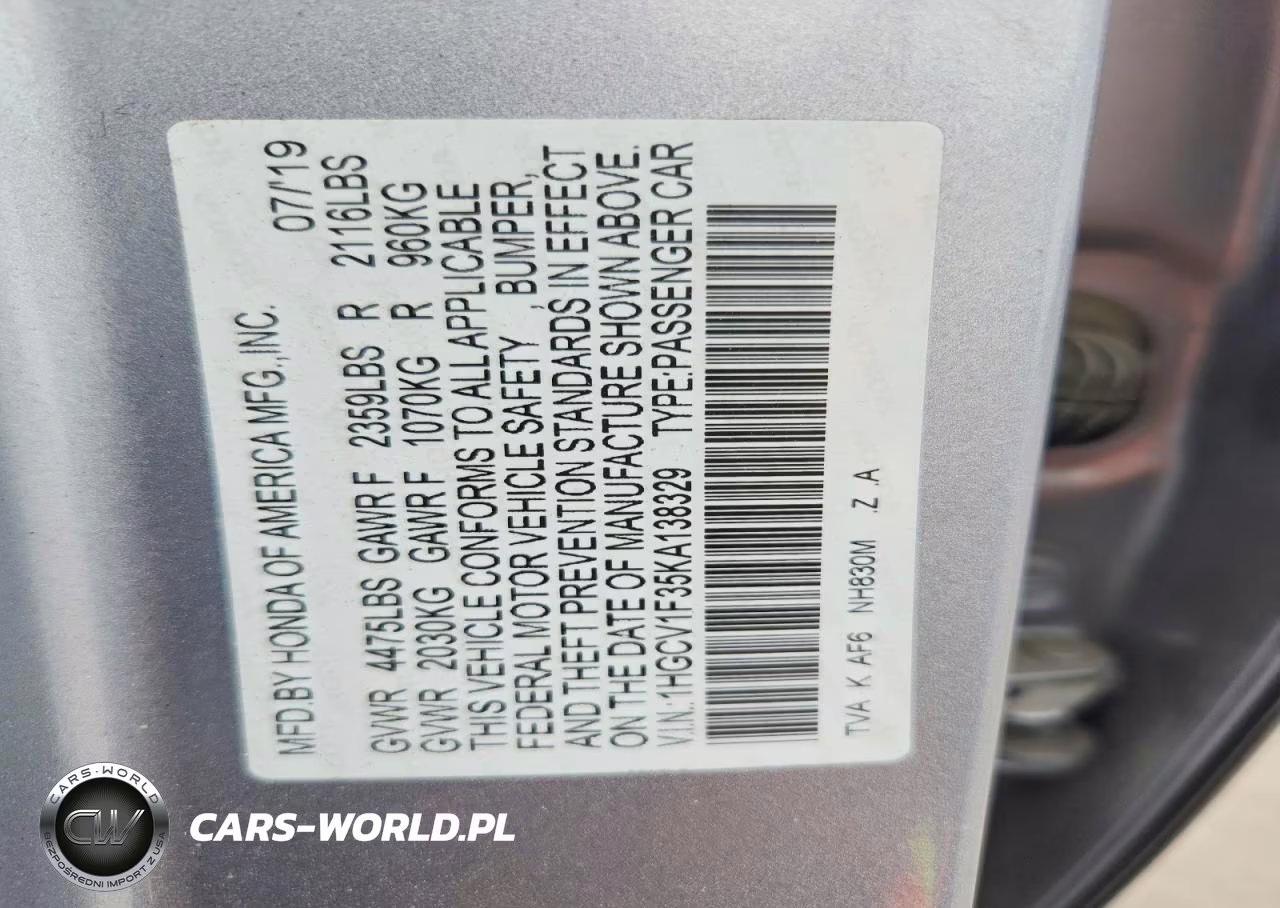 2019 Honda Accord Sport VIN:1HGCV1F35KA138329 - 13