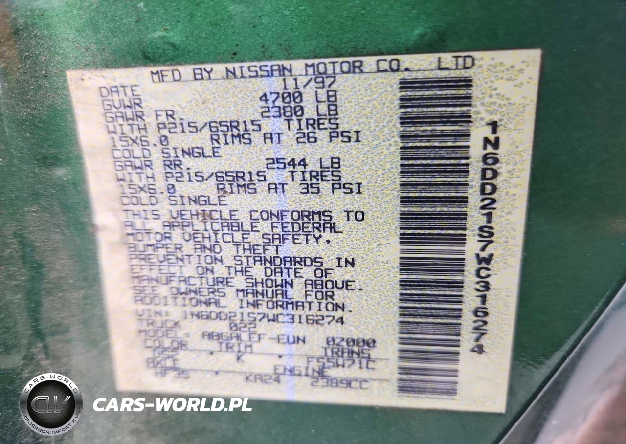 1998 Nissan Frontier Base VIN:1N6DD21S7WC316274 - 12