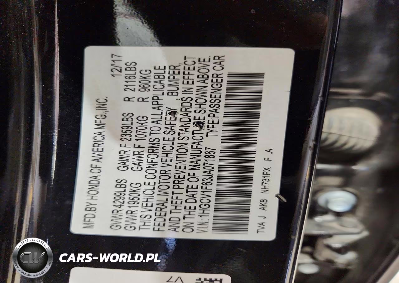 2018 Honda Accord Exl VIN:1HGCV1F63JA071867 - 12