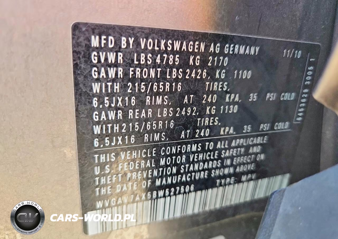2011 Volkswagen Tiguan S VIN:WVGAV7AX5BW527506 - 12