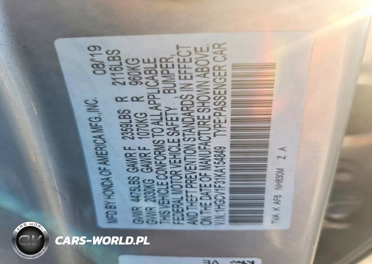 2019 Honda Accord Sport VIN:1HGCV1F31KA154849 - 12