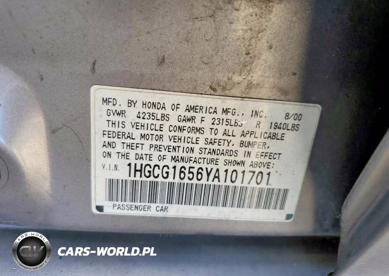 2000 Honda Accord Ex VIN:1HGCG1656YA101701 - 12