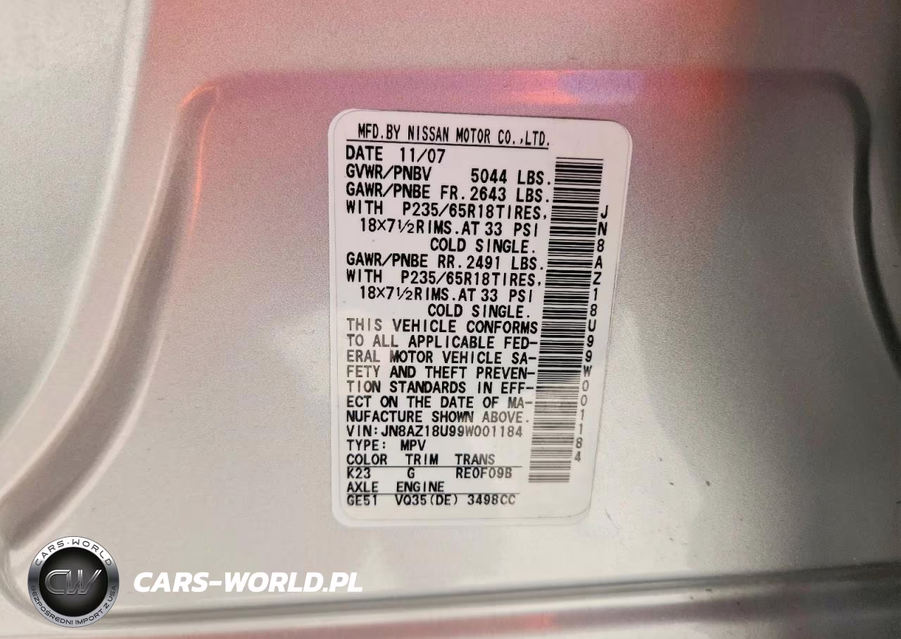 2009 Nissan Murano S VIN:JN8AZ18U99W001184 - 12