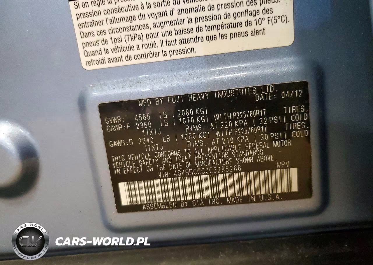 2012 Subaru Outback 2.5I Premium VIN:4S4BRCCC0C3285268 - 12