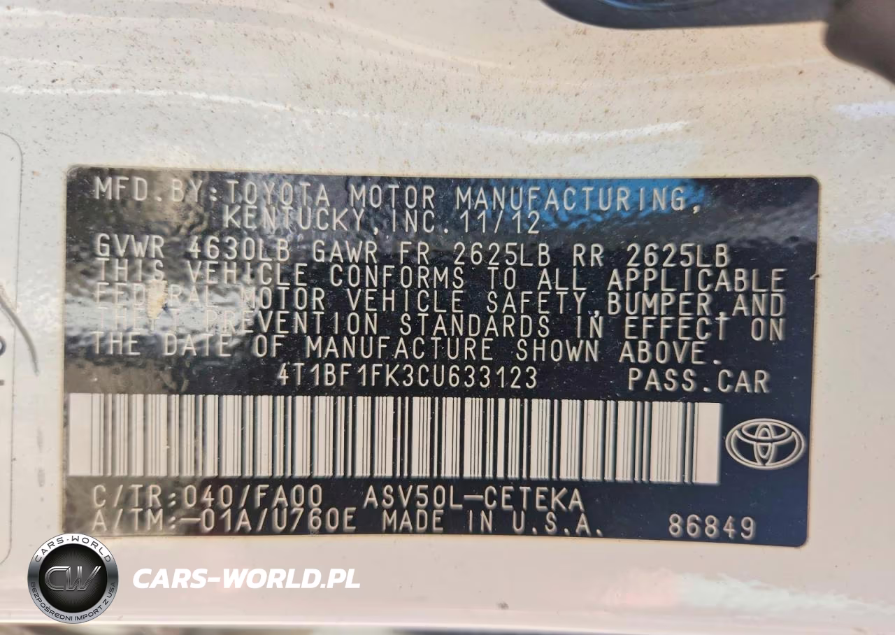2012 Toyota Camry L VIN:4T1BF1FK3CU633123 - 12