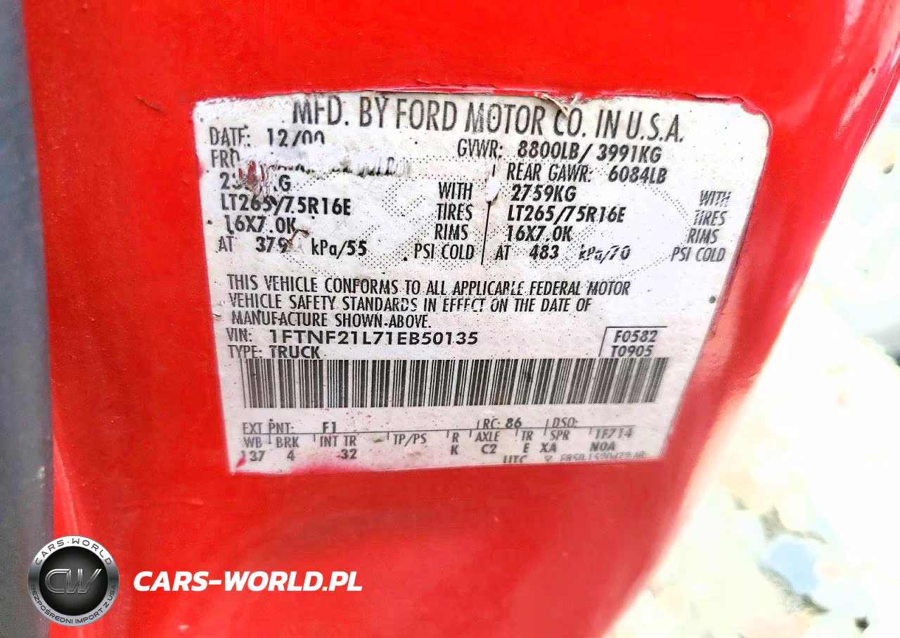 2001 Ford F250 Super Duty VIN:1FTNF21L71EB50135 - 13