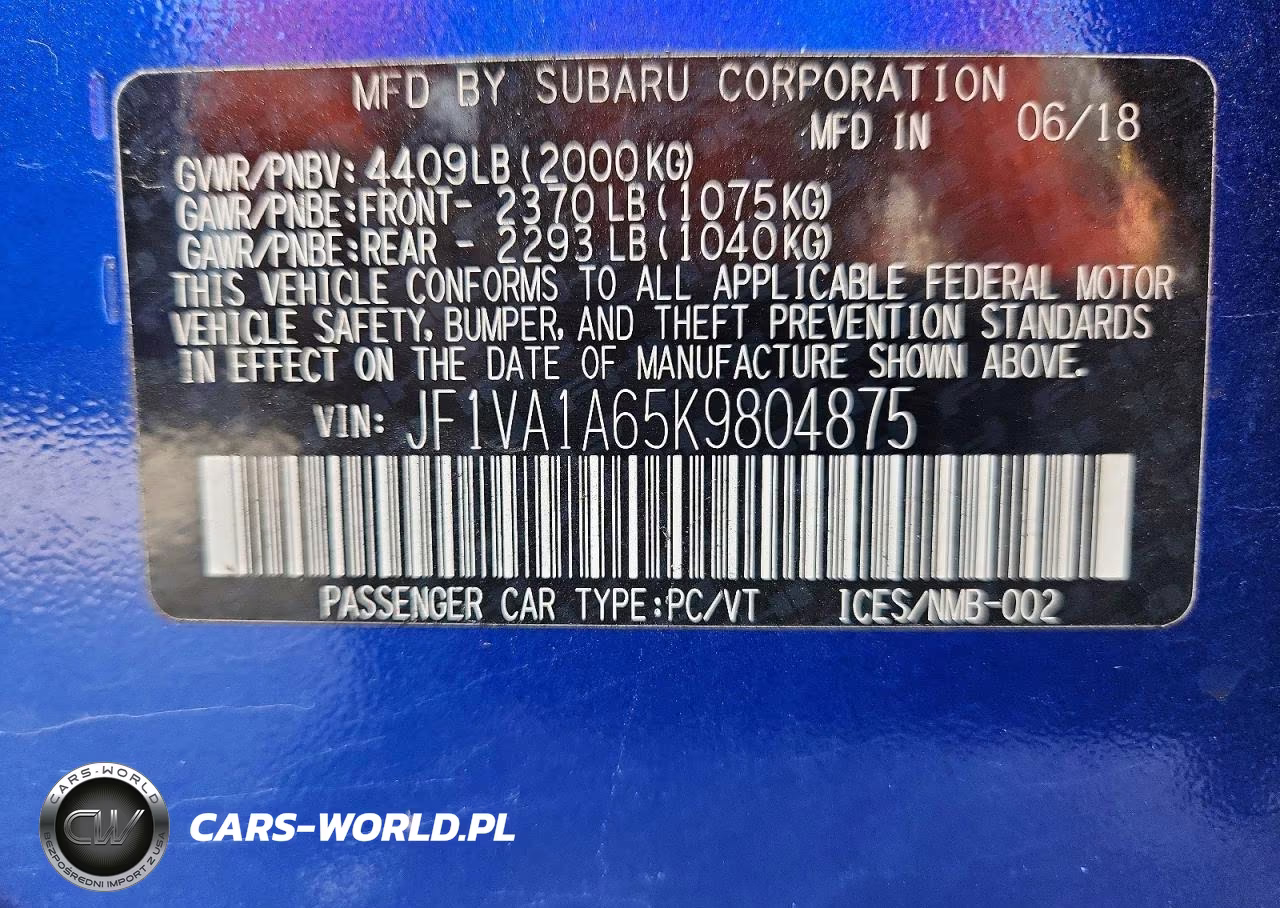 2019 Subaru Wrx VIN:JF1VA1A65K9804875 - 13