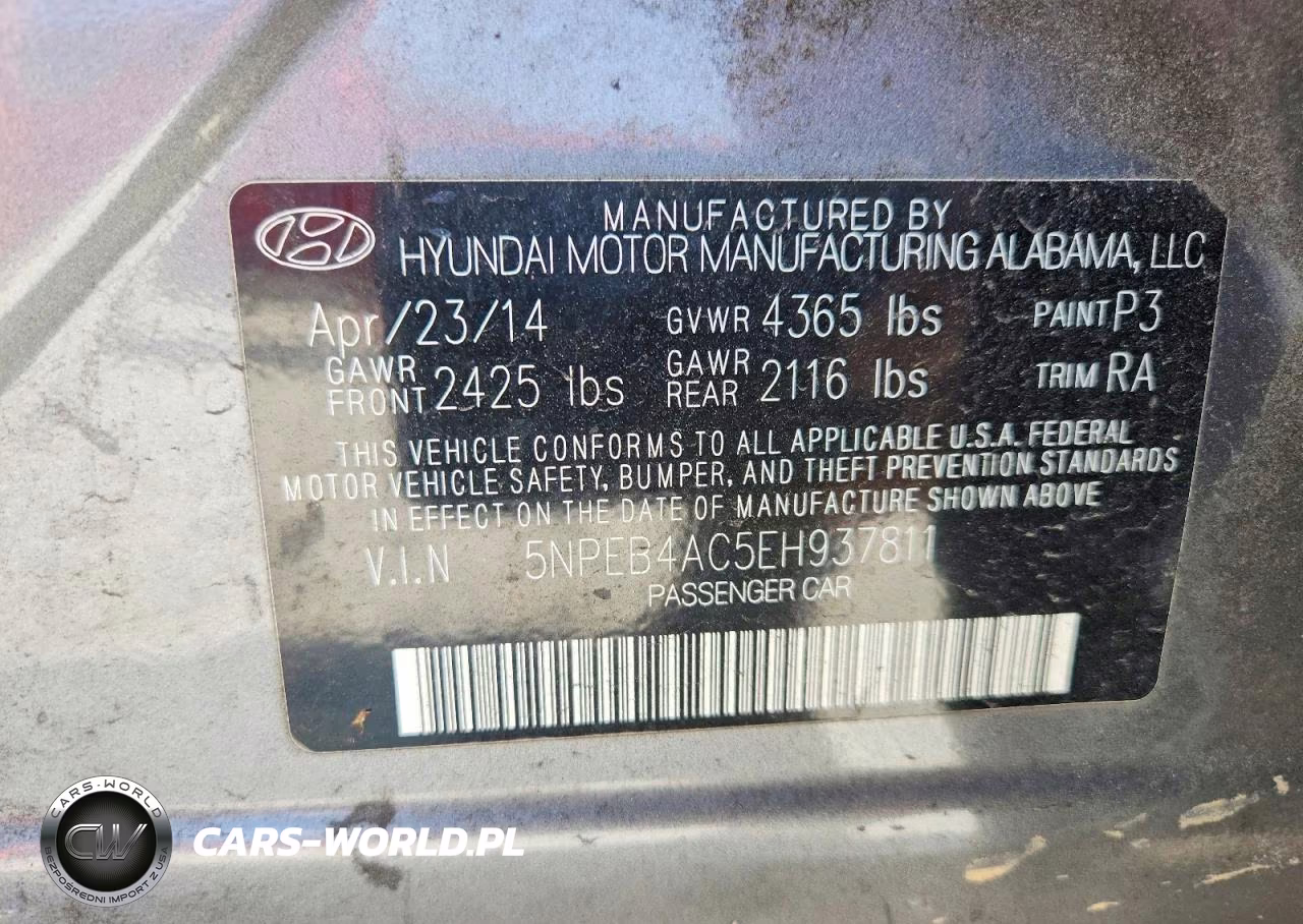 2014 Hyundai Sonata Gls VIN:5NPEB4AC5EH937811 - 12