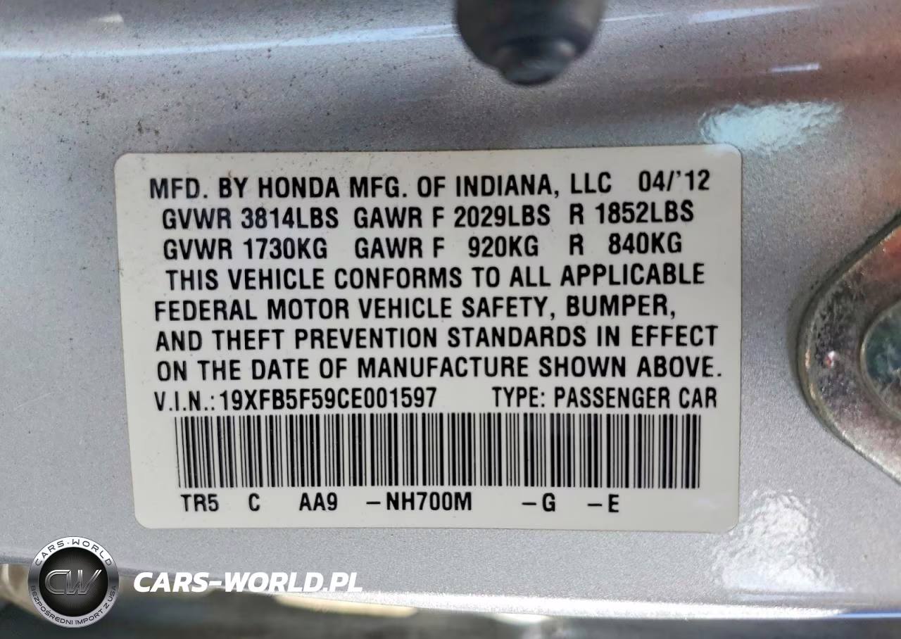 2012 Honda Civic Natural Gas VIN:19XFB5F59CE001597 - 12