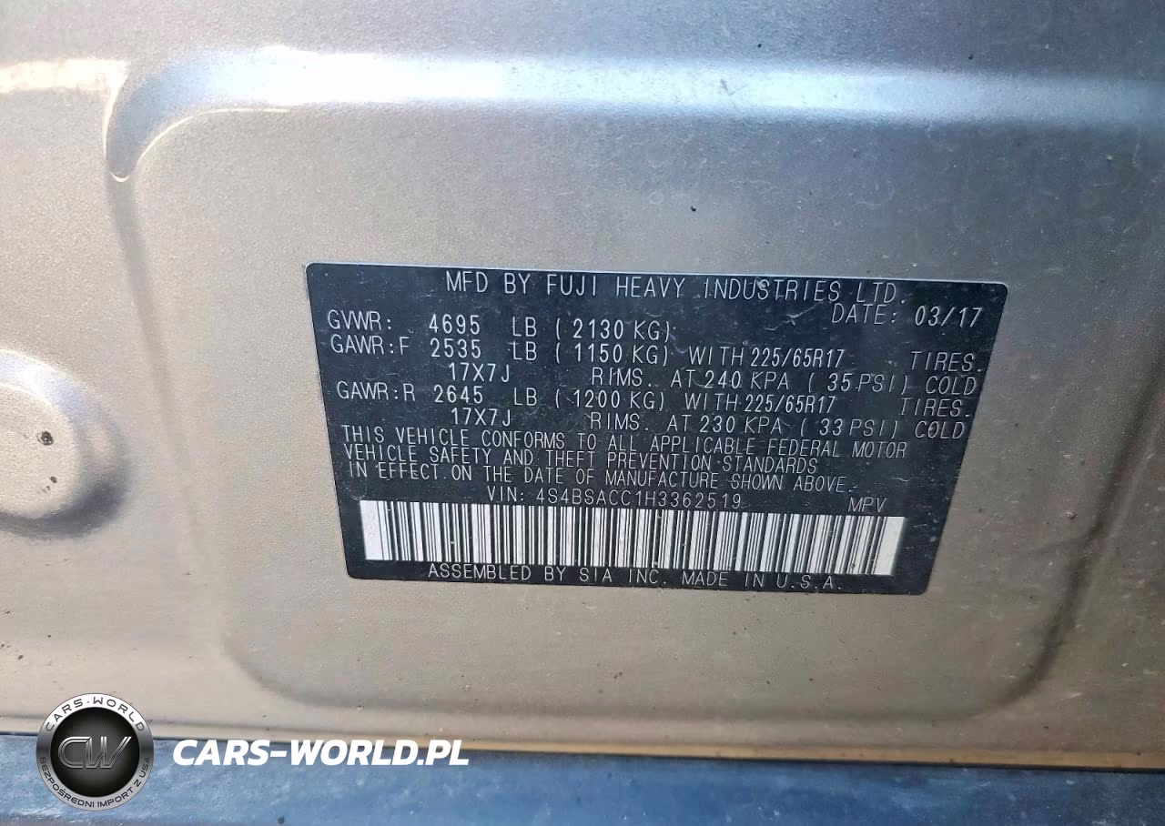 2017 Subaru Outback 2.5I Premium VIN:4S4BSACC1H3362519 - 12