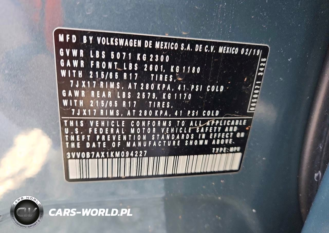 2019 Volkswagen Tiguan S VIN:3VV0B7AX1KM094227 - 13
