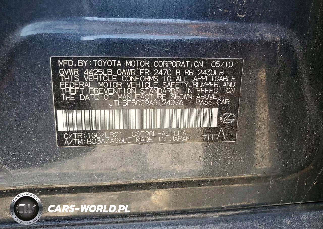 2010 Lexus Is 250 Base VIN:JTHBF5C29A5124076 - 12