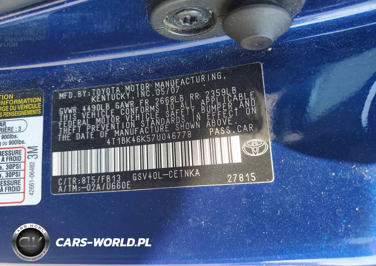 2007 Toyota Camry Le V6 VIN:4T1BK46K57U046778 - 12