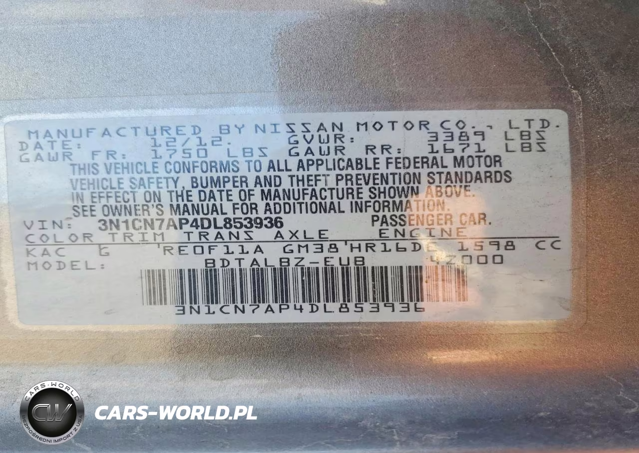 2013 Nissan Versa 1.6 S VIN:3N1CN7AP4DL853936 - 12