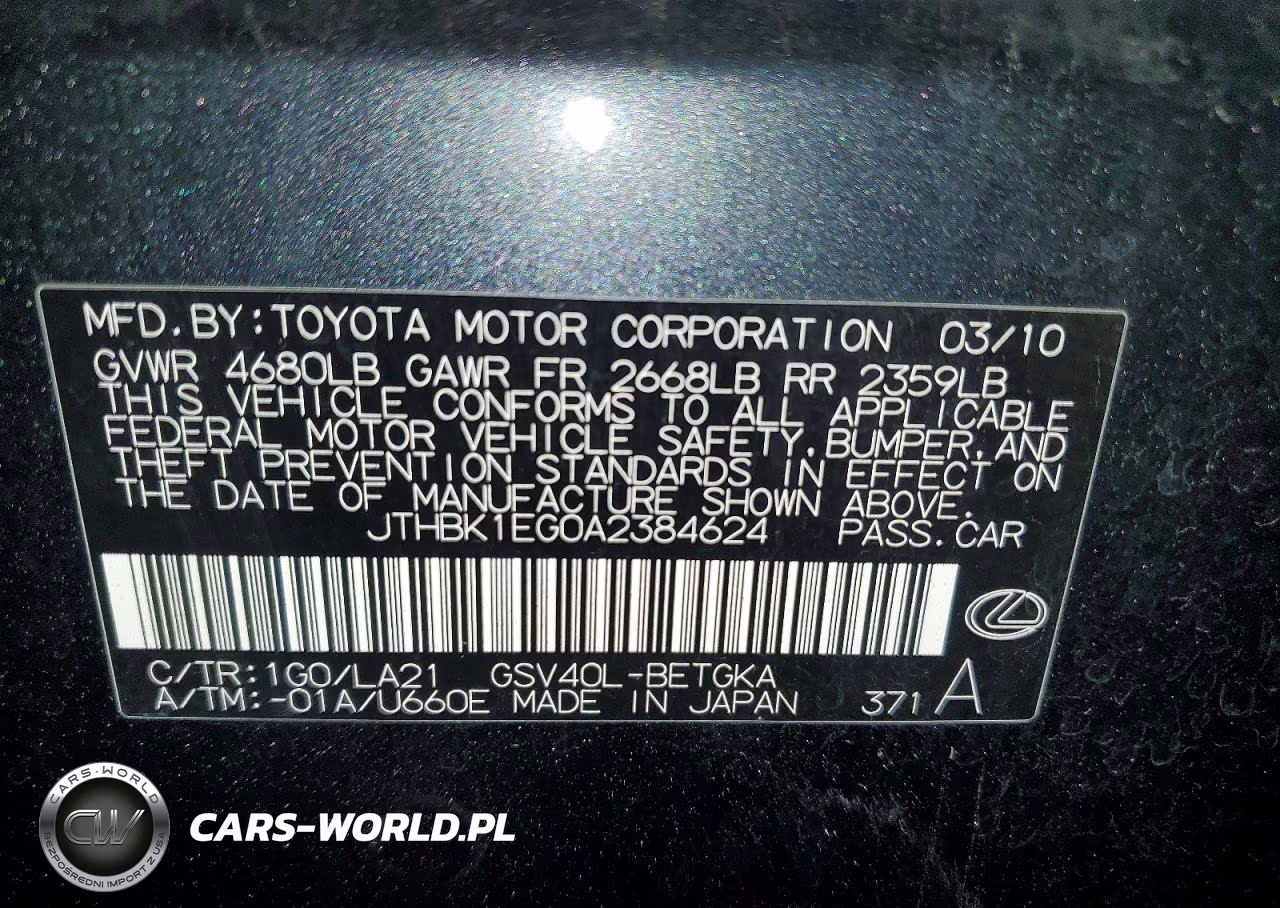 2010 Lexus Es 350 VIN:JTHBK1EG0A2384624 - 12