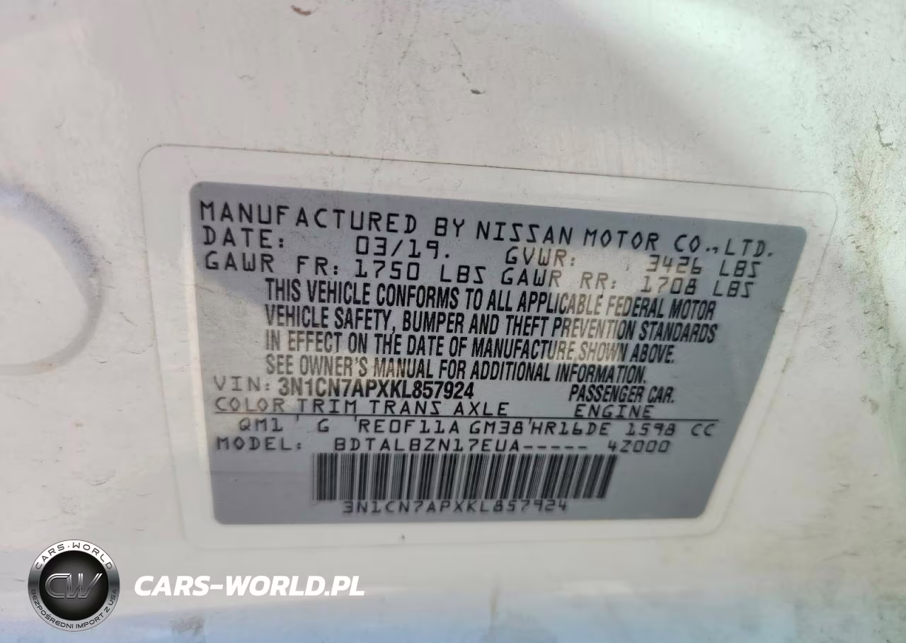 2019 Nissan Versa Sv VIN:3N1CN7APXKL857924 - 13