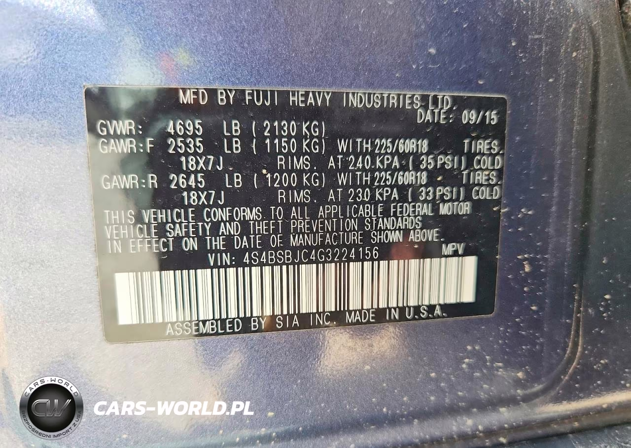 2016 Subaru Outback 2.5I Limited VIN:4S4BSBJC4G3224156 - 12
