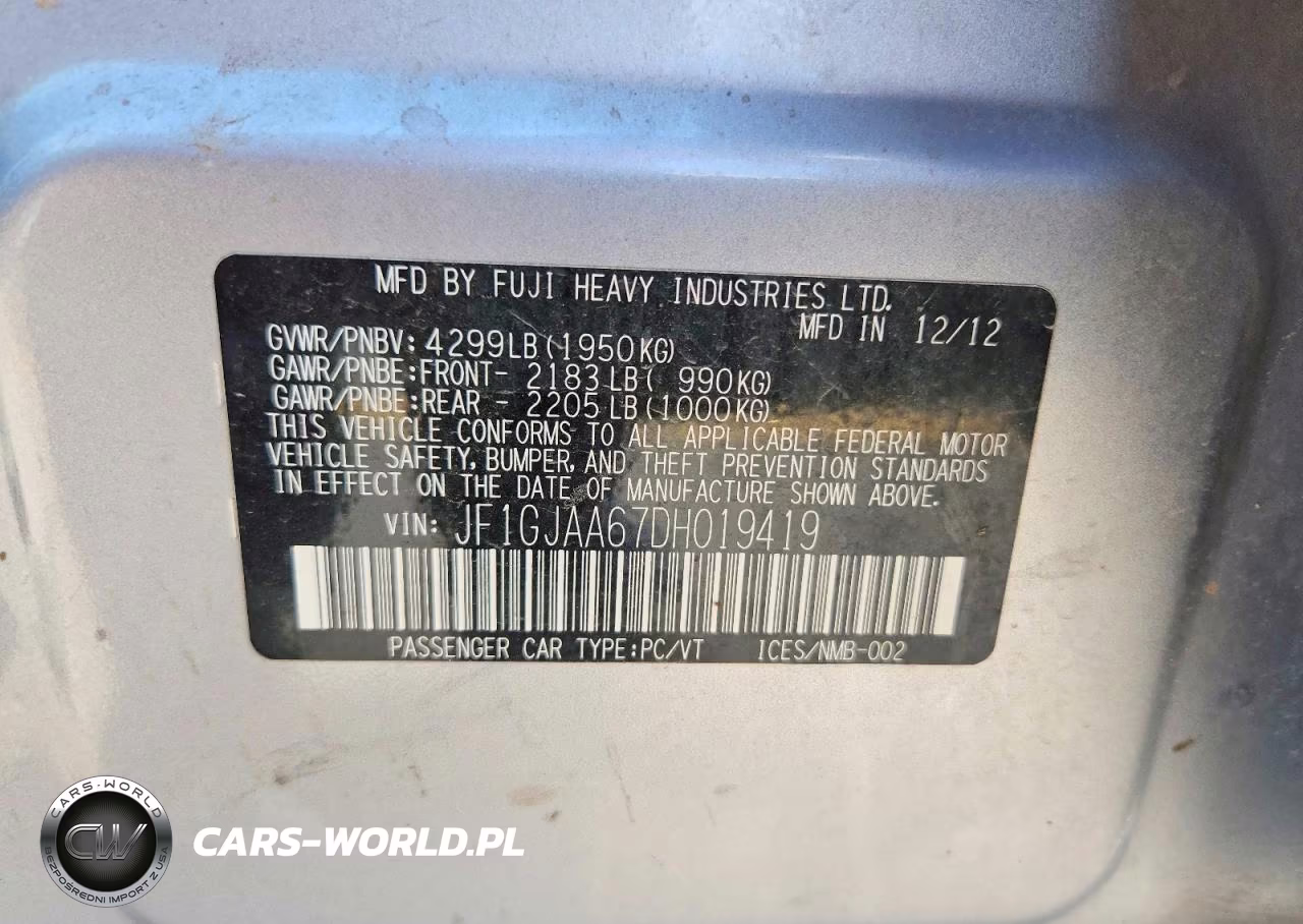 2013 Subaru Impreza 2.0I VIN:JF1GJAA67DH019419 - 12