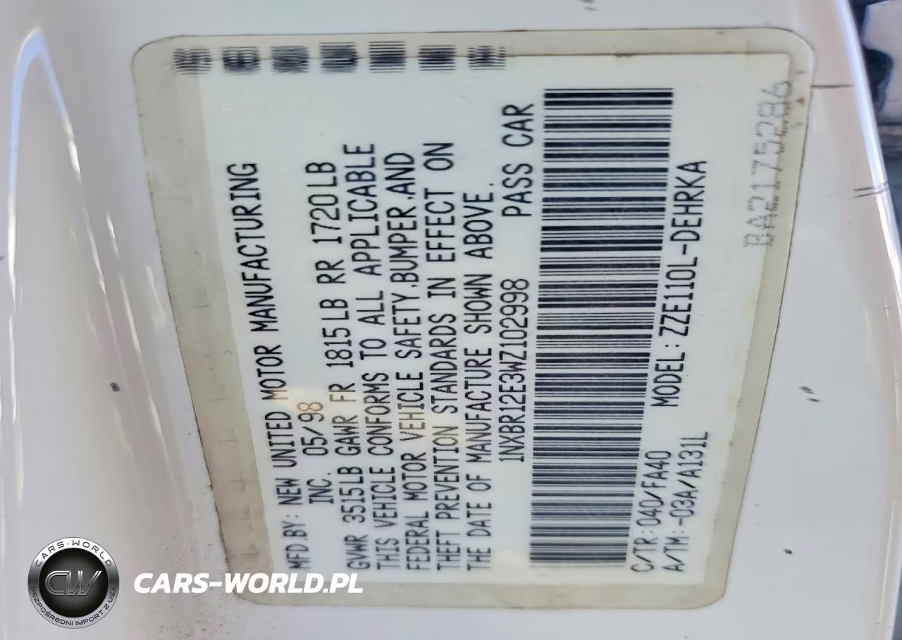 1998 Toyota Corolla Ve VIN:1NXBR12E3WZ102998 - 12