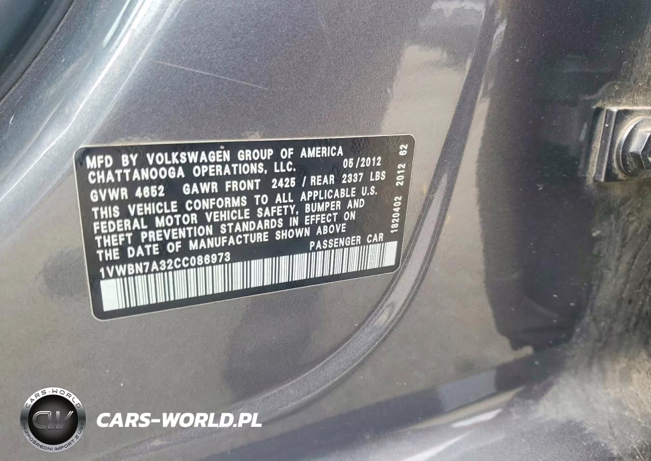 2012 Volkswagen Passat Se VIN:1VWBN7A32CC086973 - 12