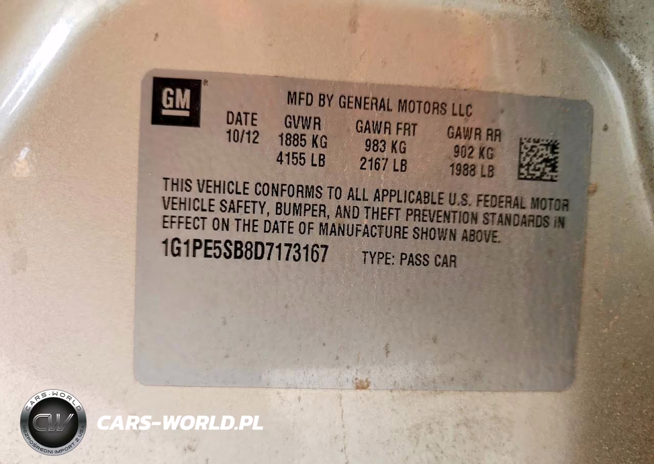 2013 Chevrolet Cruze Lt VIN:1G1PE5SB8D7173167 - 12