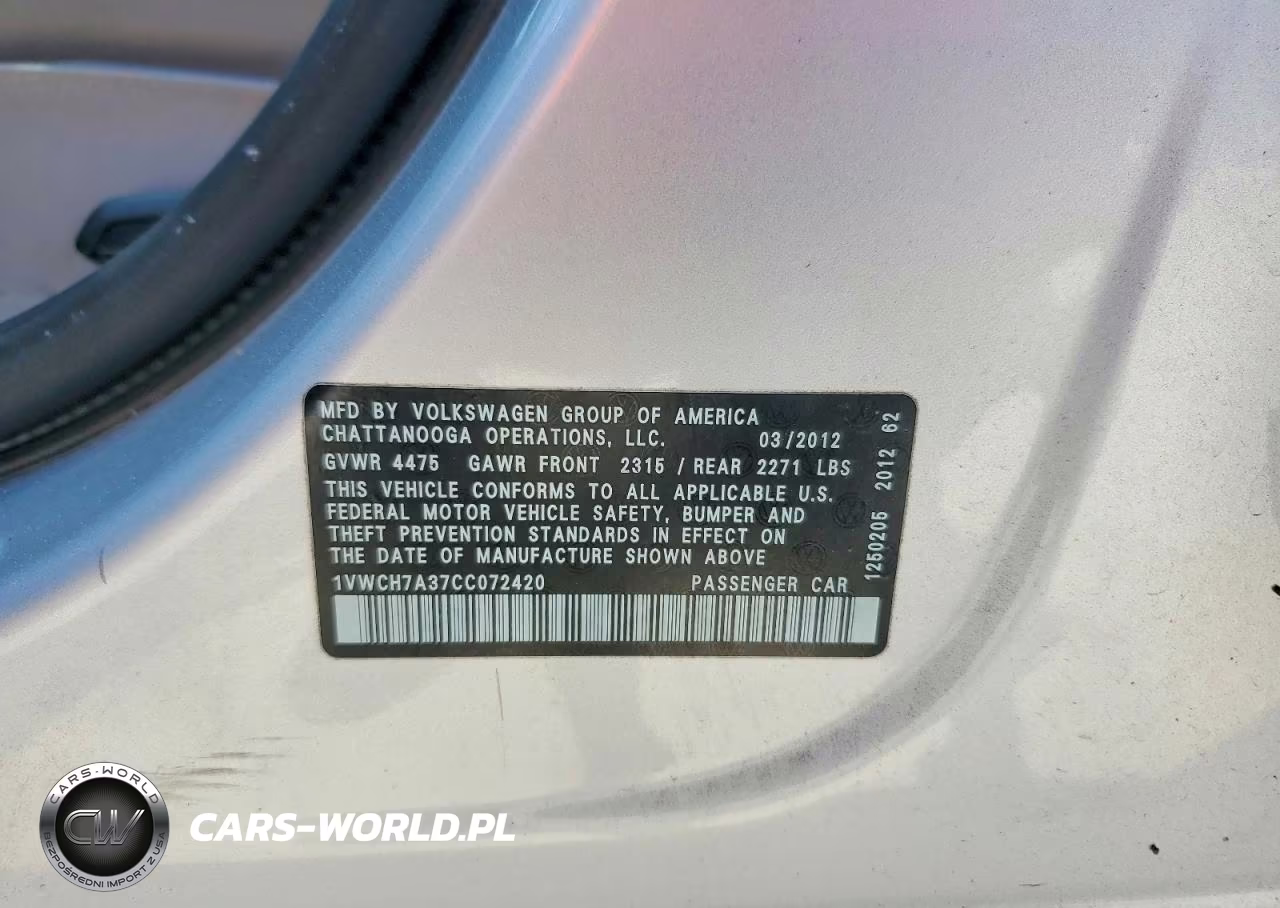 2012 Volkswagen Passat Sel VIN:1VWCH7A37CC072420 - 12