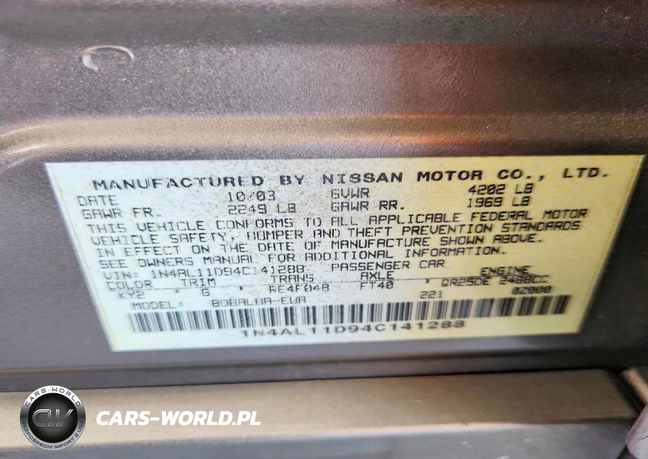 2004 Nissan Altima 2.5 VIN:1N4AL11D94C141288 - 12