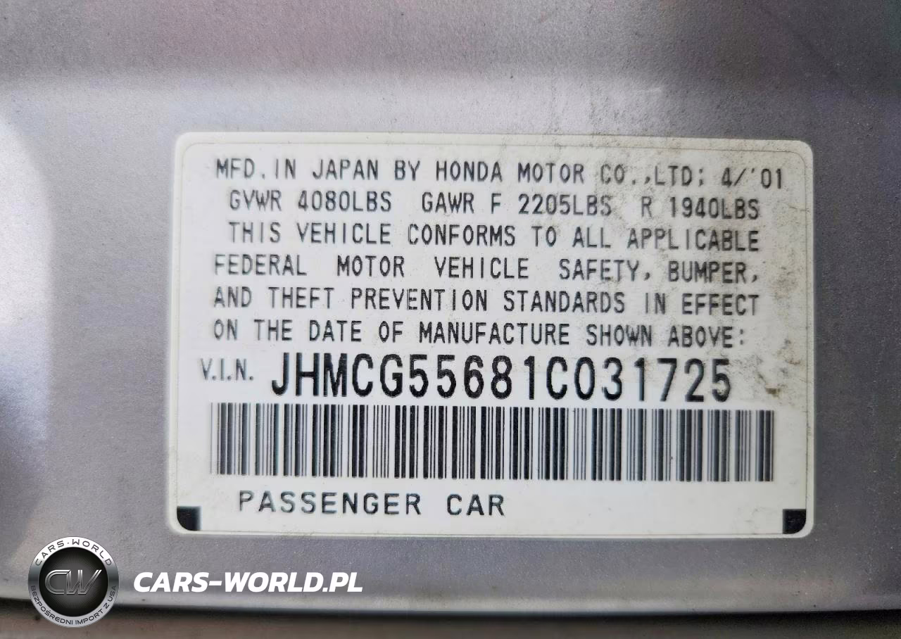 2001 Honda Accord Ex VIN:JHMCG55681C031725 - 12