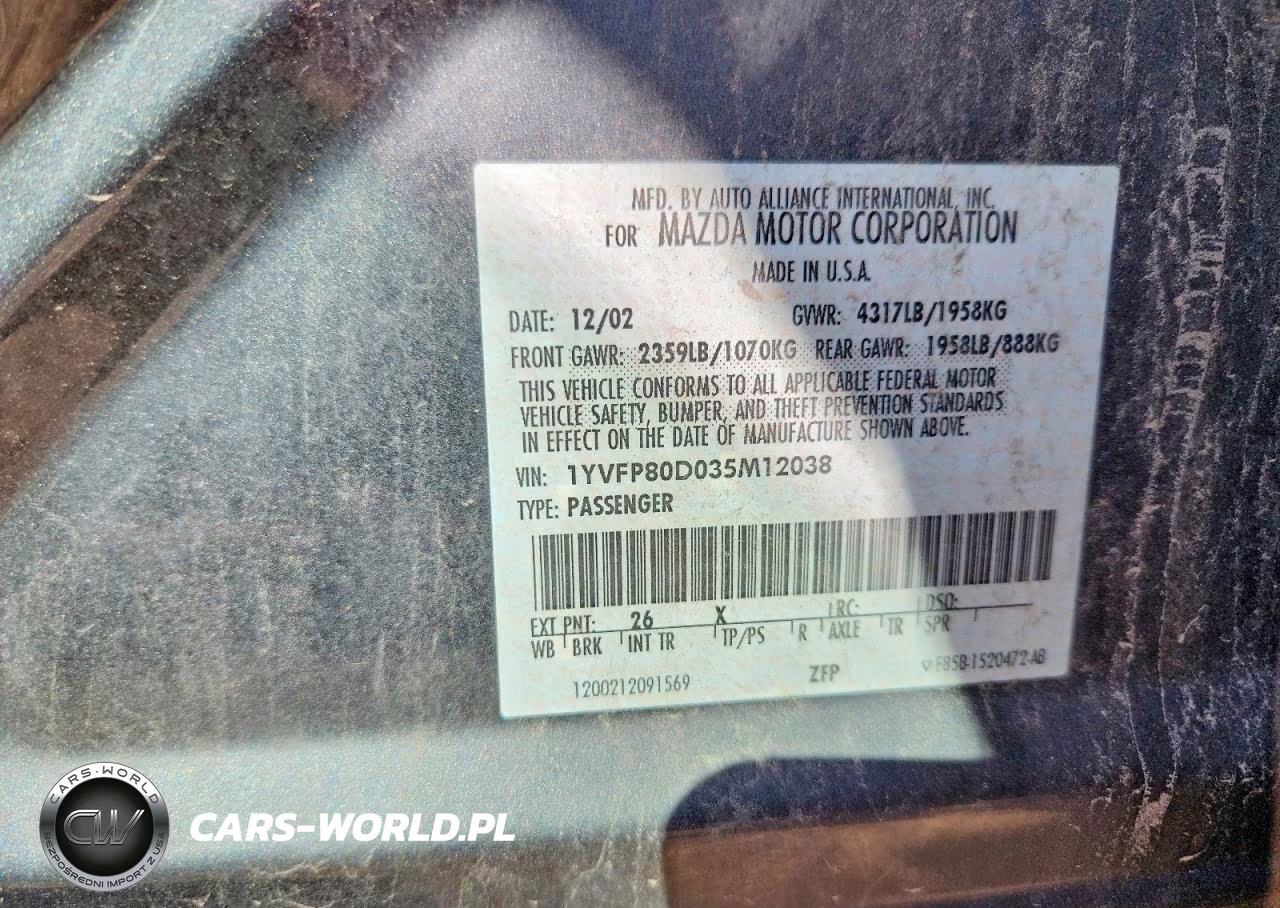2003 Mazda 6 S VIN:1YVFP80D035M12038 - 12