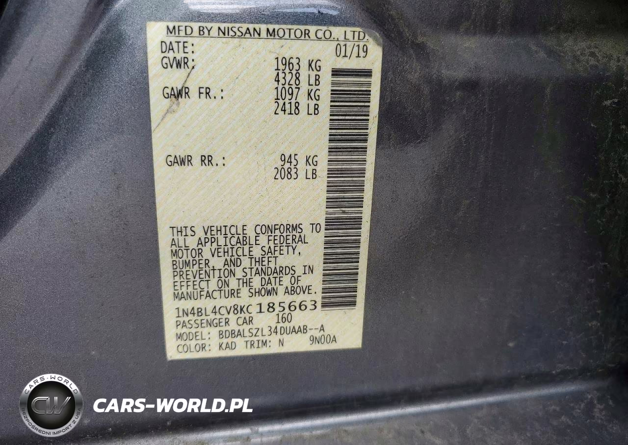 2019 Nissan Altima Sr VIN:1N4BL4CV8KC185663 - 12