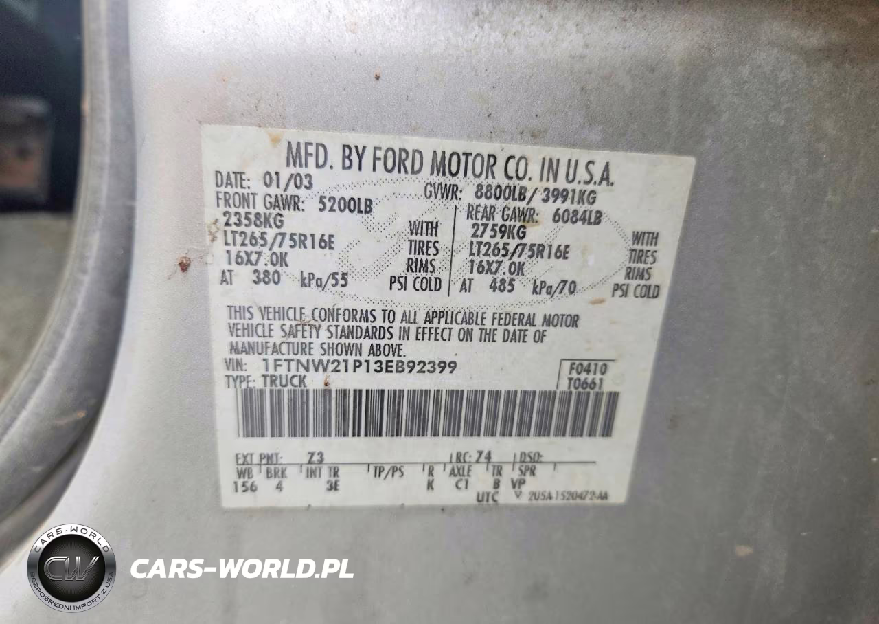 2003 Ford F250 Super Duty VIN:1FTNW21P13EB92399 - 12