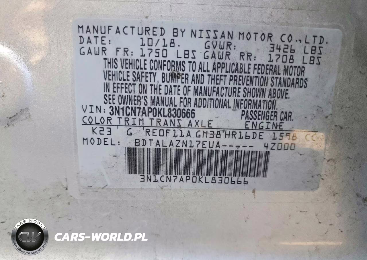 2019 Nissan Versa S Plus VIN:3N1CN7AP0KL830666 - 12