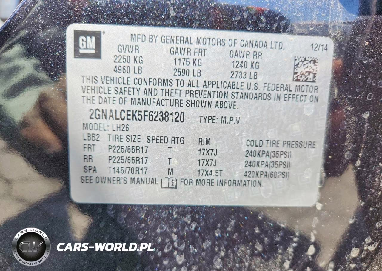 2015 Chevrolet Equinox Lt VIN:2GNALCEK5F6238120 - 12