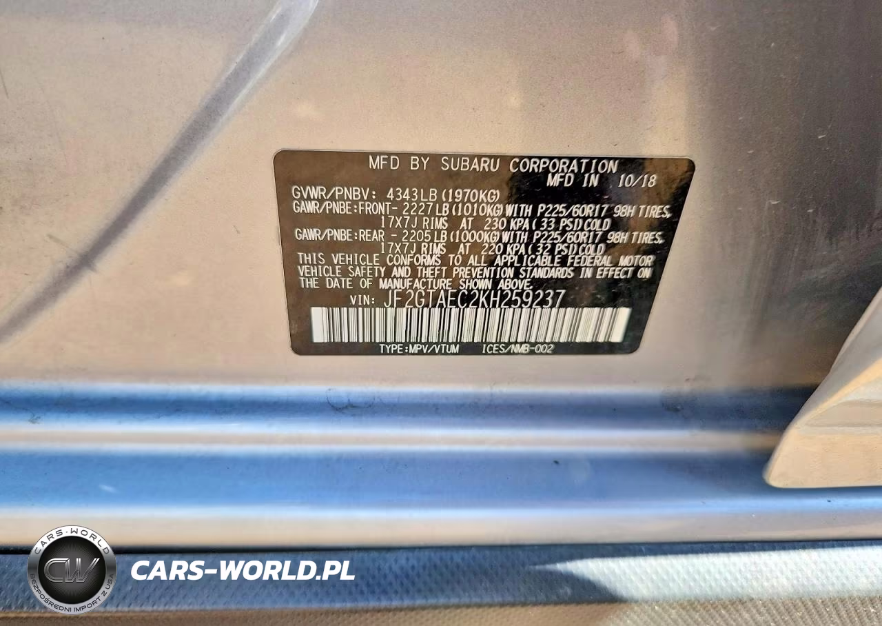 SUBARU CROSSTREK VIN:JF2GTAEC2KH259237 - 12