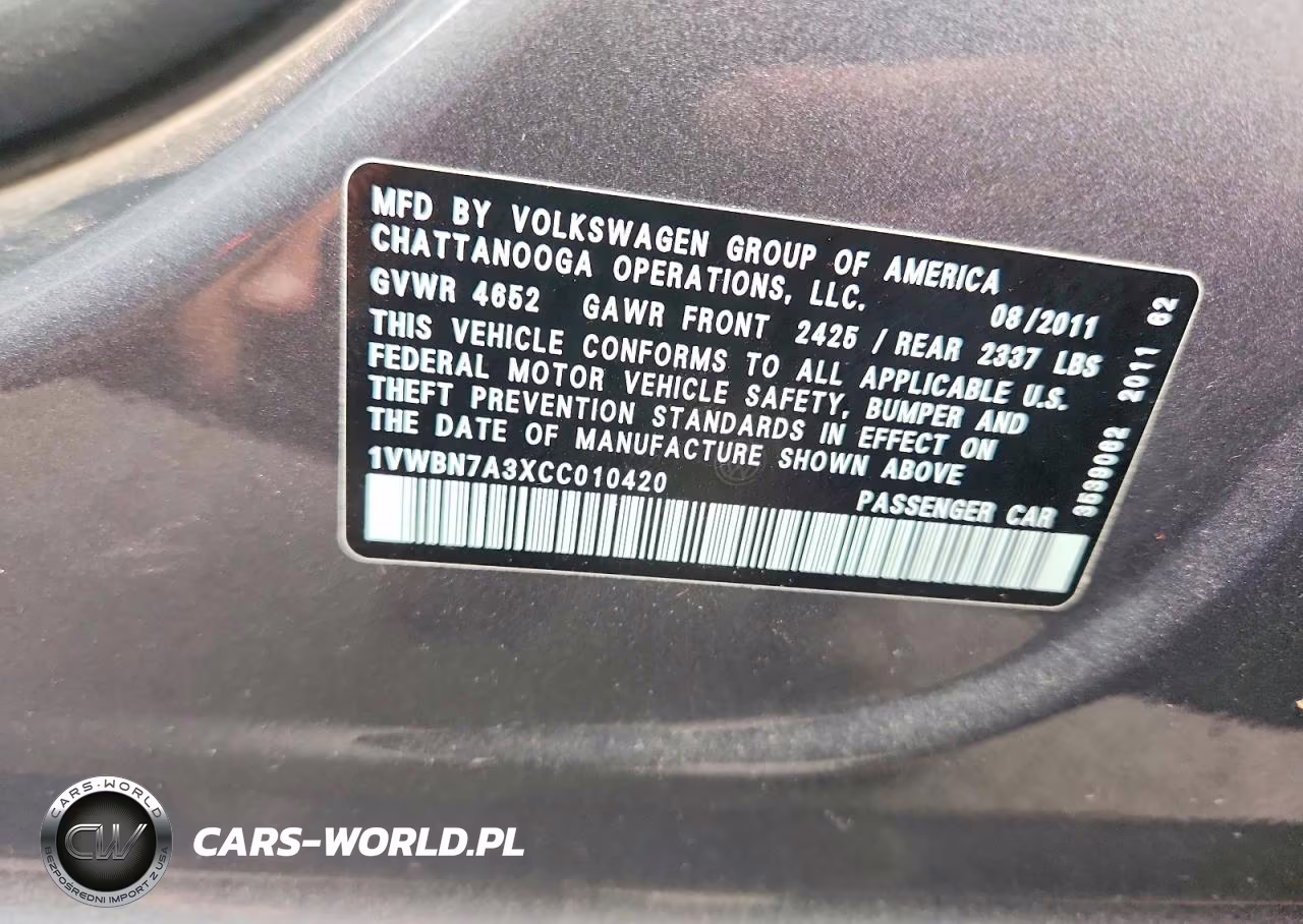 2012 Volkswagen Passat Se VIN:1VWBN7A3XCC010420 - 12