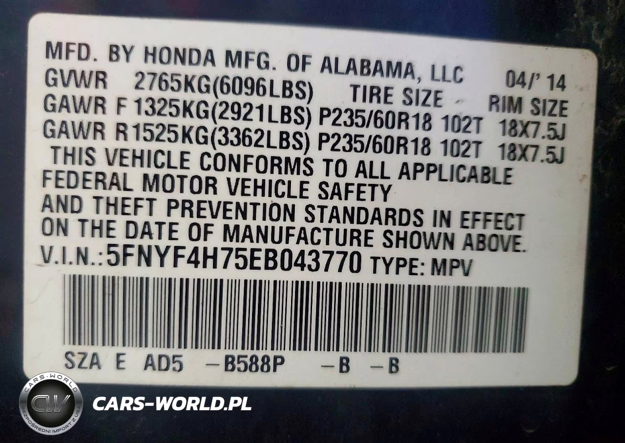 2014 Honda Pilot 4X4 VIN:5FNYF4H75EB043770 - 13
