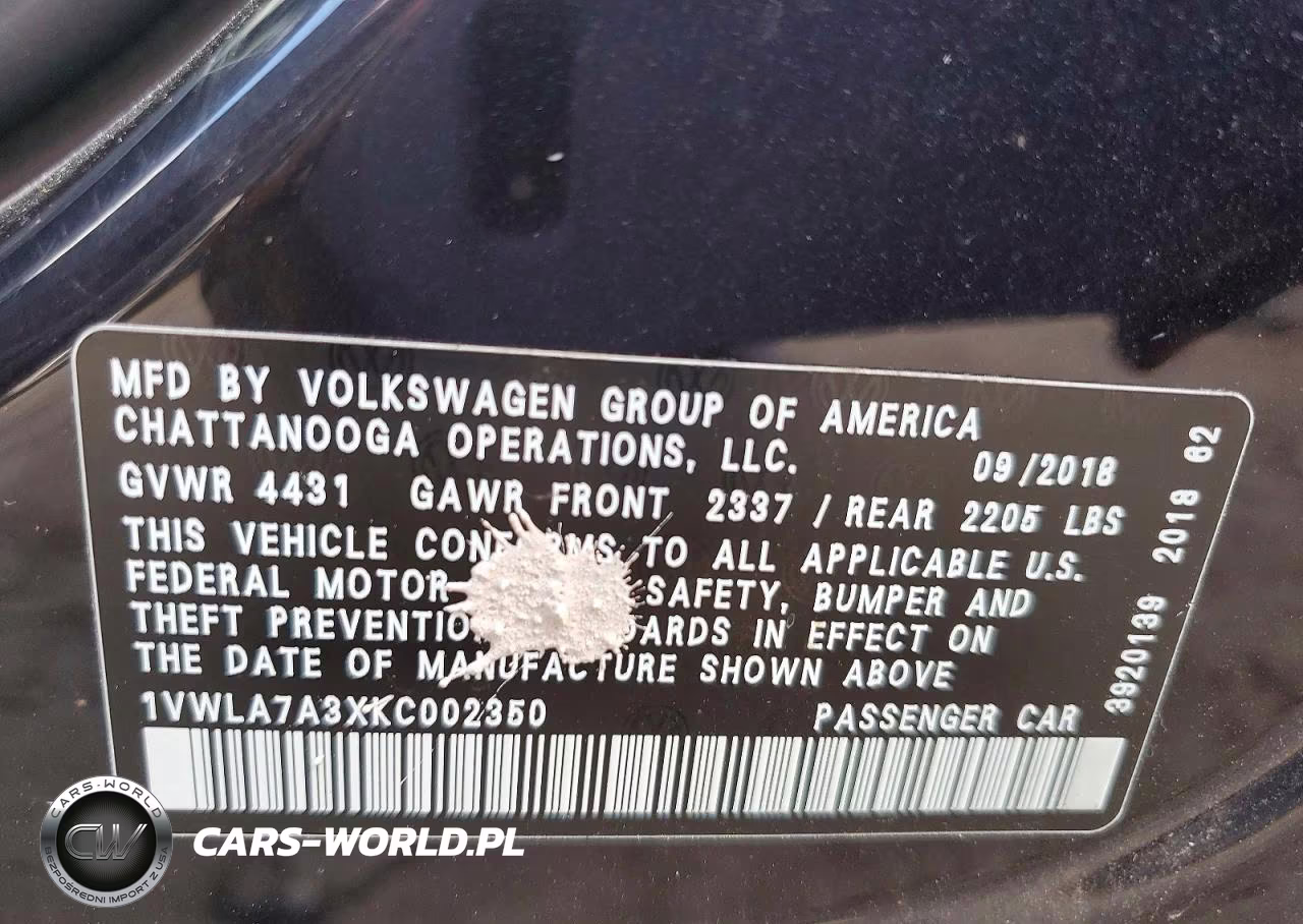 2019 Volkswagen Passat Wolfsburg VIN:1VWLA7A3XKC002350 - 13