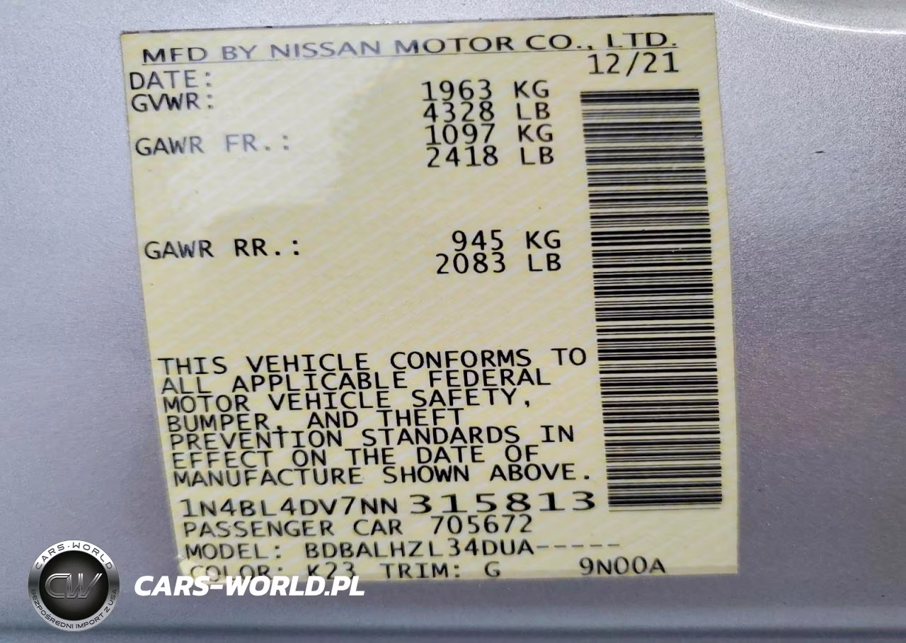 2022 Nissan Altima Sv VIN:1N4BL4DV7NN315813 - 12
