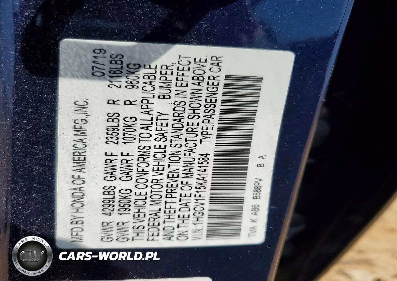 2019 Honda Accord Lx VIN:1HGCV1F15KA141584 - 12